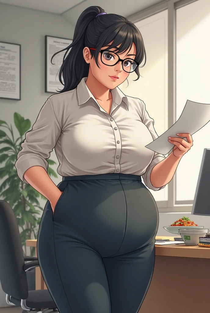anime girl in business suit with big belly