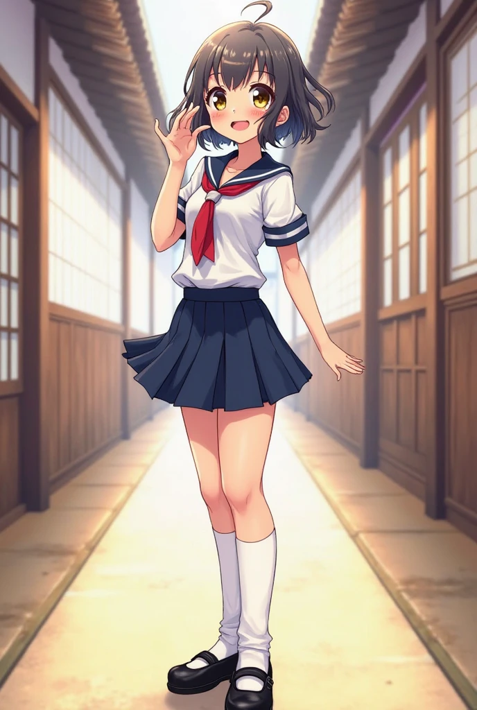 ​masterpiece, top-quality, hight resolution, ighly detailed, 细致背景, 电影灯光, 1girl in, cute little, Medium chest, 校服,  (Lift skirt:1.2), Public obscenity, looking at the viewers,school buildings,bokeh dof,White panties、Cameltoe,Gentle smile
