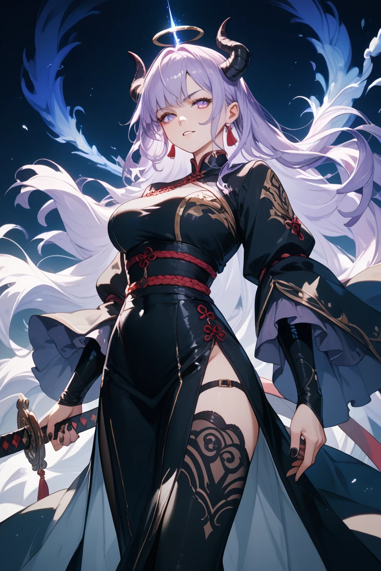 4k,High resolution,one woman,White-purple hair,long hair,Braid,green eyes,big breasts,knight,Black leotard armor,black color long boots,dragon horn,jewelry embellishments,Large sword,medieval town