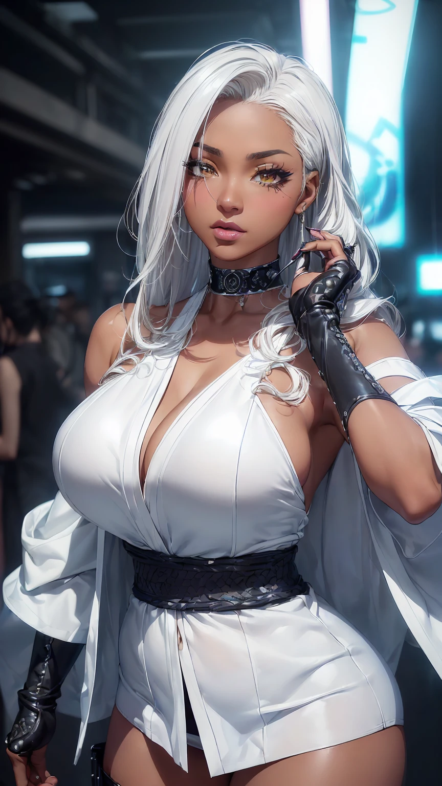 (Image from chest up:1.4)((masterpiece:1.5,Highest quality,Beautiful images、Realistic、2.5D、Artistic、Portraiture))(1girl, 独奏)(medium breasts, Silver Hair、long hair、Beautiful cleavage、sideboob、Exposing shoulders、Tattoo on shoulder)(横顔のPortraiture,Gaze sideways、Gaze diagonally、Shake your head、A sad expression, floating hair)(Monotone Abstract Background)((from diagonally forward:1.3)),Landscape,((outfit-inori,Monotone costumes))