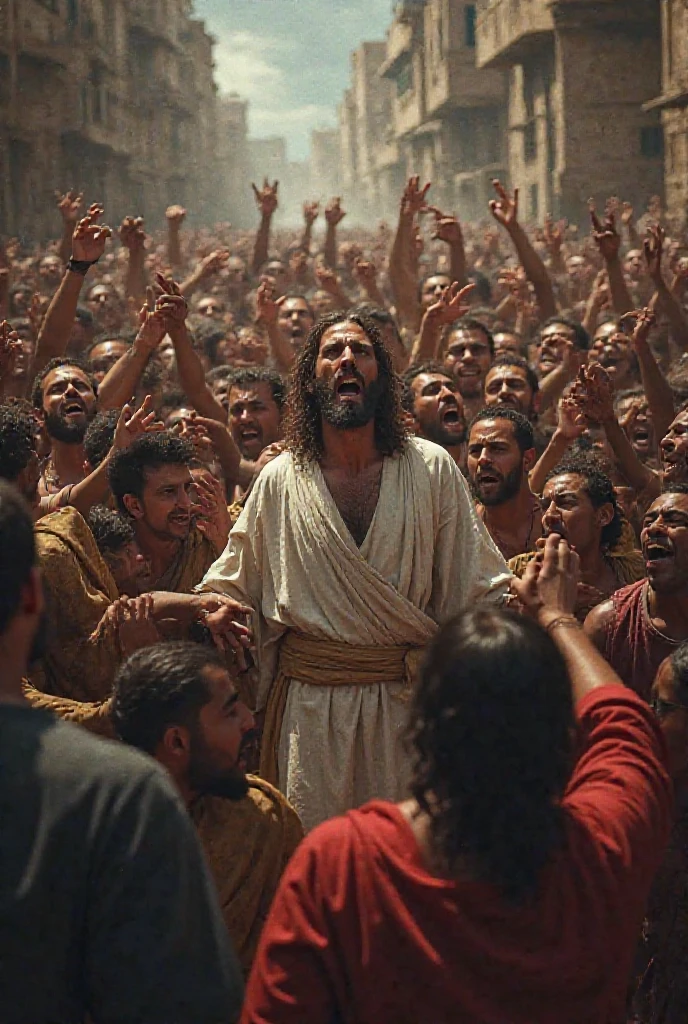 (photorealism:1.2), (8) Jesus people around him mocking