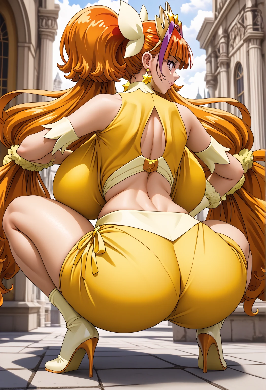 ((master piece, Pixels are perfect, superfine illustration, top-quality, masterpiece, The ultra -The high-definition, Top resolution)), ((Woman with beautiful anime face:1.3, very detailed face and eyes:1.1)), ((1 lady:1.7)), ((solo lady:1.7)), alone lady, semi-nude, SFW, Looking down:1.5, (Spread your legs:1.7), (Arms Behind Your Head:1.7), (Sticking Out Your Crotch), (bulge in the crotch area), (gigantic sagging breasts:1.5), (gargantuan butt:1.6), (Curvaceous wide hips:1.6), Curvaceous physique, Plump, Short body:1.5, (1980s \(Style\):1.5), (((Dirty Pair Kei, Dark skin, dark skinned female, head band, uniform, crop top:1.3))), (((cleavage:1.3, Tight crop top:1.3))), (((Knee High Boots))), Crimson Wolf Short, ((Anime art style of the 1990s)), (From below:1.7), flat lighting:1.5, (((Front Light))), (((lighting forward))), (((lighting front))), ((inside in room))