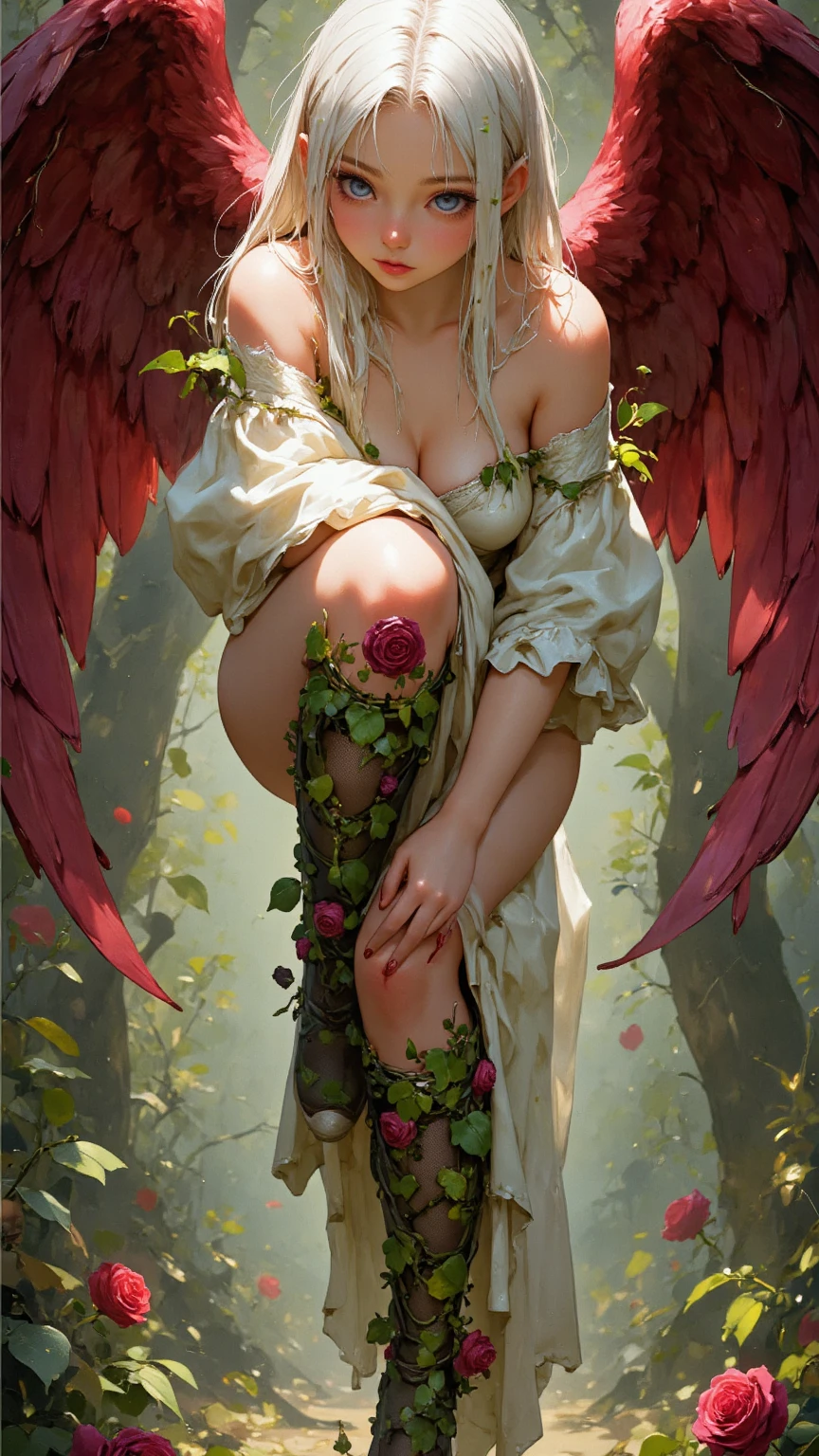 nsfw, photorealistic, beautiful face, (masterpiece:1.4), (best quality:1.4), extremely detailed, hyper-detailed, Pinup masterpiece, dark demonboy with horns on the forehead giving bouquet of roses to blonde-haired angelgirl with white wings, girl smiling, In the background flames. Sunny, dynamic light, intricate, 4k, detailed_background, full_body, realistic, 8k, sexy, embarrassed facial expression,saggy 
