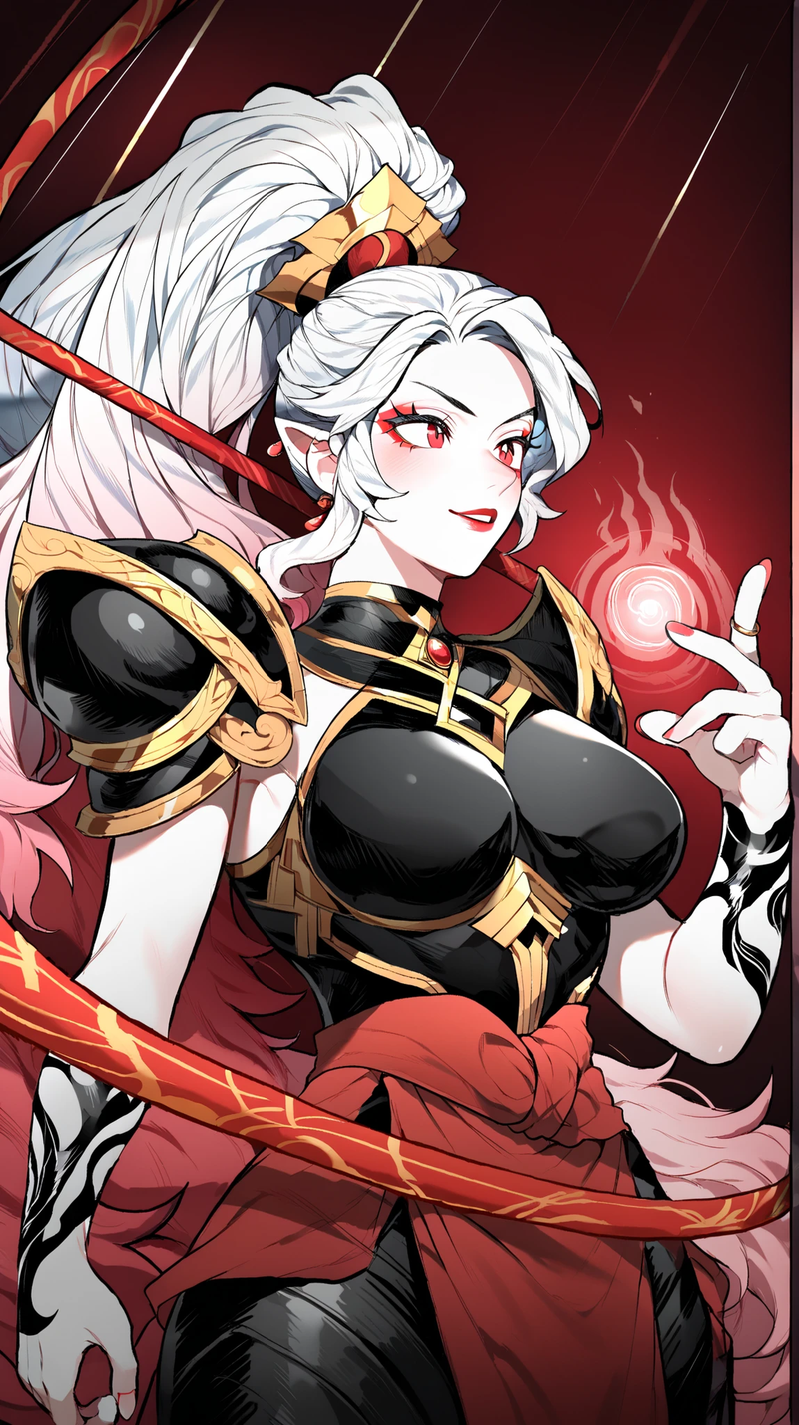 name: Lilith Nightshade
Idade: 25 years Race: Demon and Angel Hybrid Physical Description: Lilith has snow-white hair that contrasts with her pale skin and intense red eyes., that reflect their celestial and infernal duality. Her exotic beauty and mysterious aura make her an intriguing and seductive figure..
Personalidade: Lilith is a selfish and somewhat arrogant woman, influenced by the duality of its hybrid nature. She carries with her the pride of angels and the lust of demons, displaying a complex and contradictory personality. Her manipulative and ambitious nature leads her to seek power and control over those around her., using your beauty and charm as weapons to achieve your goals. Despite your arrogance and selfishness, Lilith possesses an inner fire and relentless determination, proving herself to be a formidable adversary and a dangerous ally. Her journey of self-discovery leads her to explore the limits of her hybrid nature and confront the challenges of reconciling heaven and hell within her being..