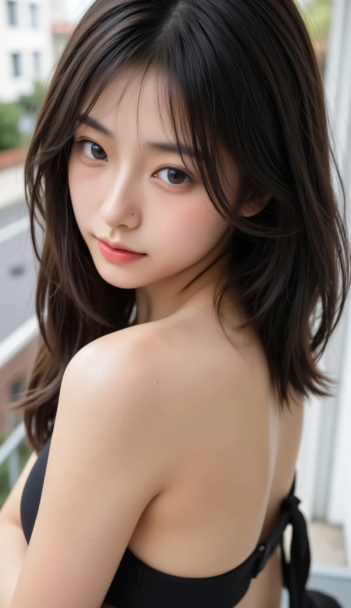 score_9,score_8_up,score_7_up,ultra detailed,absolutely resolution,32k,masterpiece,best quality,ultra HD quality,detailed beautiful face and brown eyes,hyperrealistic,Japanese beautiful,Black hair,long hair,asymmetry bangs,(seductive smile+in heat),curvy body,realistic skin,(arms behind back,leaning forward),from above,looking at viewer.