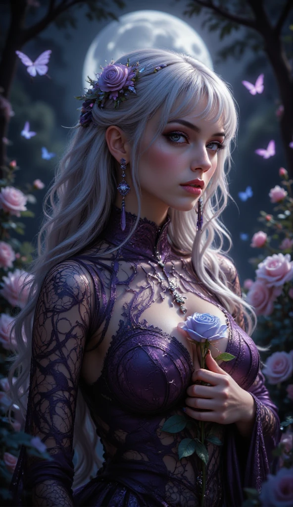 LAMageAdv, stunning woman wearing LAMageAdv, <lora:LAMageAdv:0.8>, (gray hair:1.2), high ponytail, BREAK, (front view:1.3), (intricate details), (cinematic light, best quality Backlights), solo female, perfect body, sitting on flowers, flower bed, nature, (purple theme:1.5), (bright background, forest background:1.3, purple background:1.5), stretched arms, throwing flower petals, falling violet petals, ( shy:1.2), ((makeup)), BREAK, (masterpiece:1.4), (4k:1.2), (extreme resolution:1.2), (highly intricate:1.2), (studio quality:1.2), (extremely detailed:1.2), (beautiful and aesthetic:1.4)