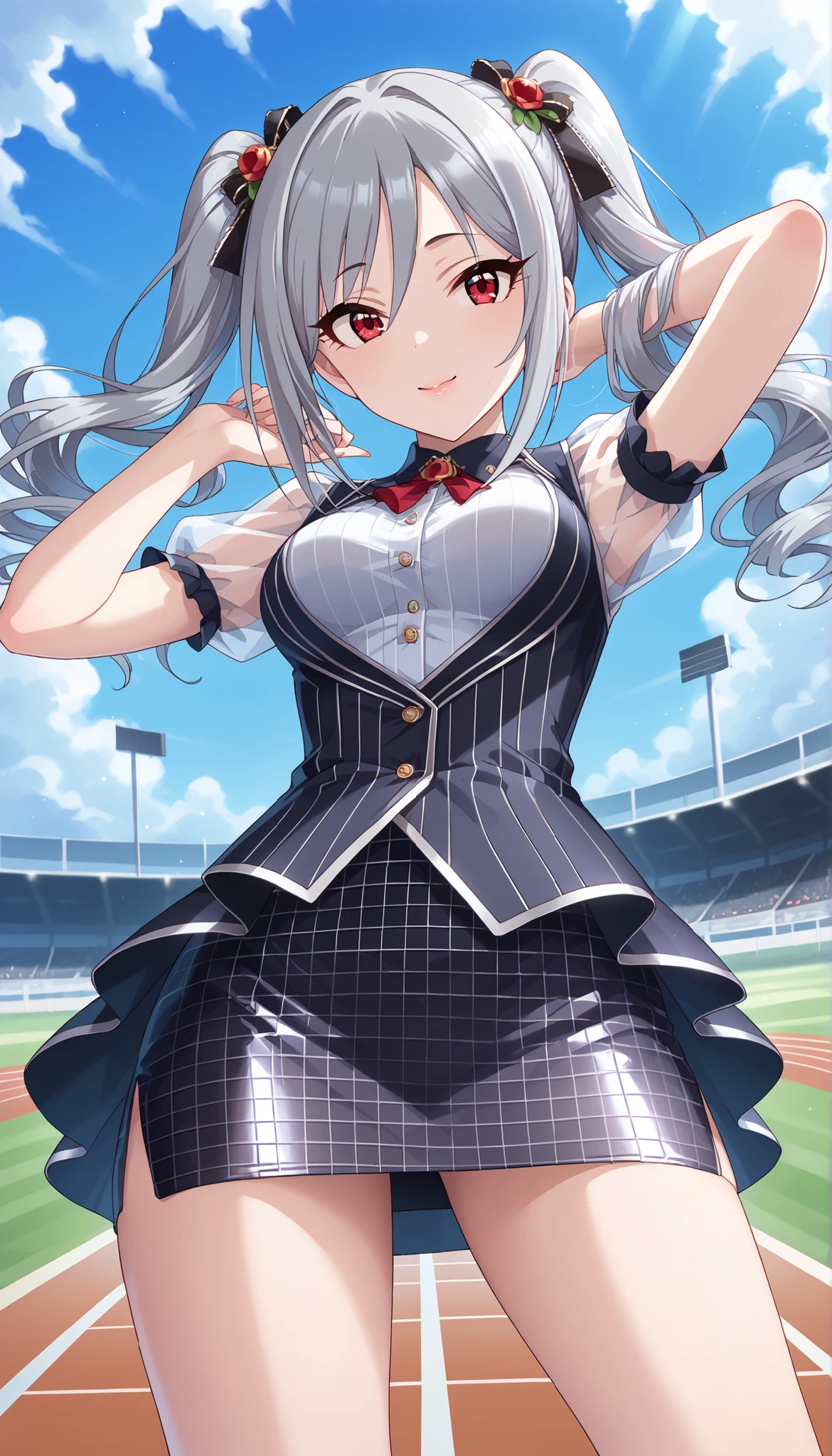 (((Ranko Kanzaki))),(((black grid girl costume))),(((tight skirt))),thin thighs,medium breasts,(((Outdoors))),Race track,pose to raise both arms, Silver Hair,TWIN TAILS,low angle,Ulchan-6500-v1.1, ( RAW photos :1.2), beautiful detailed, very detailed目 美しい目, beautiful eyes,Red Eyes、 large file size, high resolution, very detailed, Best Quality, [masterpiece:1.6], Awareness-raising, very detailed, CG, finely, Best Quality, 8K wallpaper, perfect body shape、Dynamic、very detailed,Bare legs