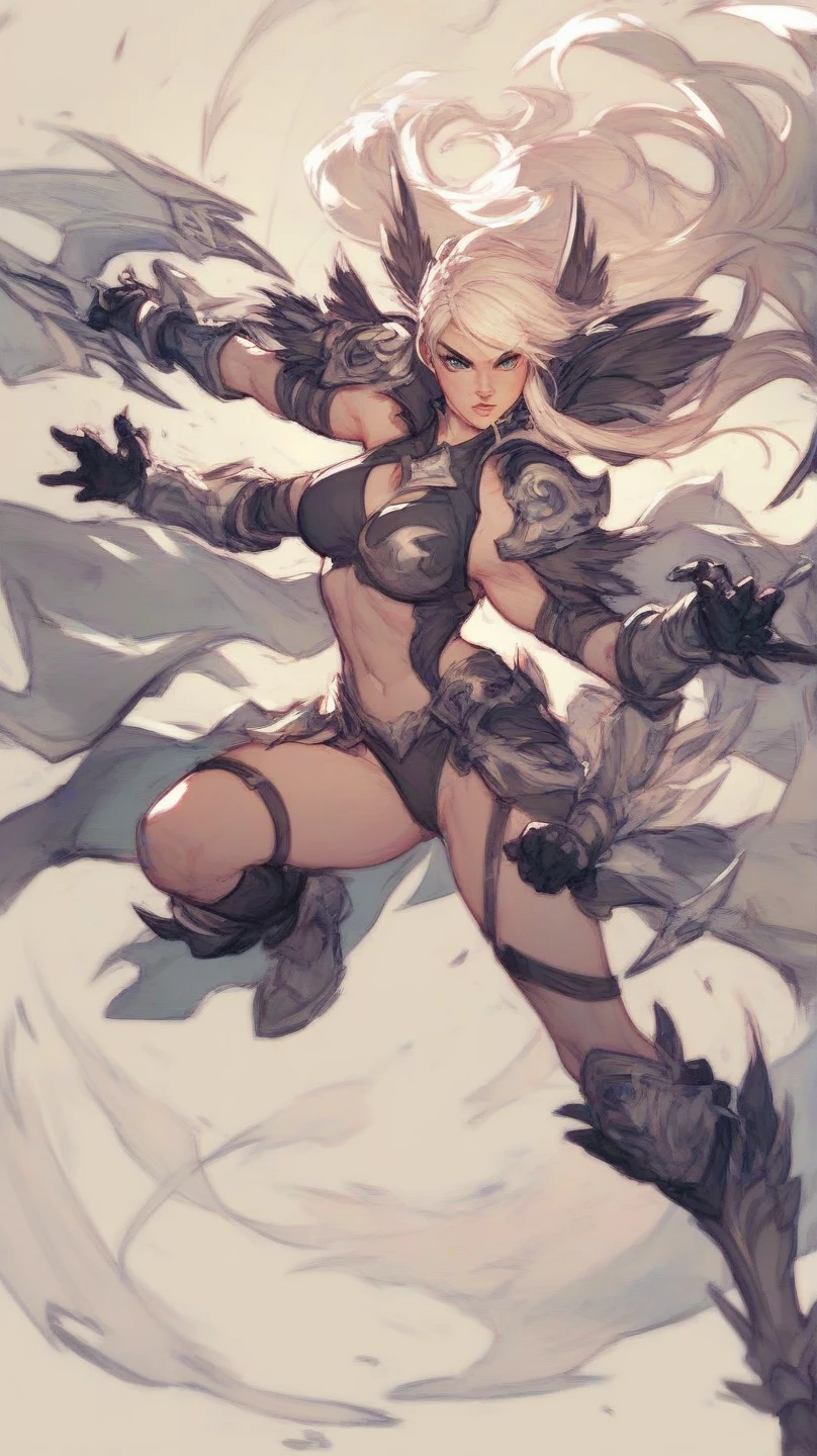 A beautiful muscular female Drow, wielding a long sword, fighting stance