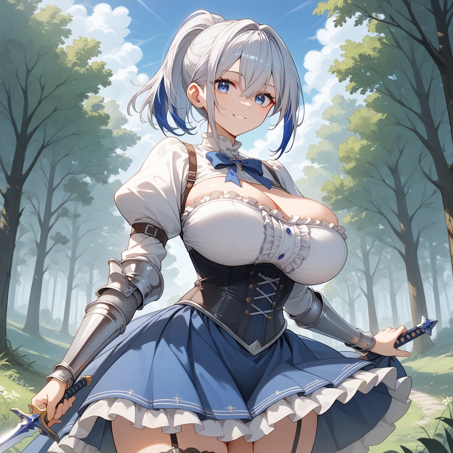 (masterpiece),(best quality),(ultra-detailed),(best illustration),(best shadow),(absurdres),(detailed background),(very aesthetic), Swordmaster, long hair, gray hair, red eyes, perfect face, blue_armor, ((exposed arm)), blue_ornaments, blue_tabard, thong, belt, ((big tits)), exposed belly, smiling, 1girl, legs exposed, strikes, Perfect face, thick thighs, ,add_detail:1, add_detail:0, add_detail:0.5, short skirt, pantyhose,
