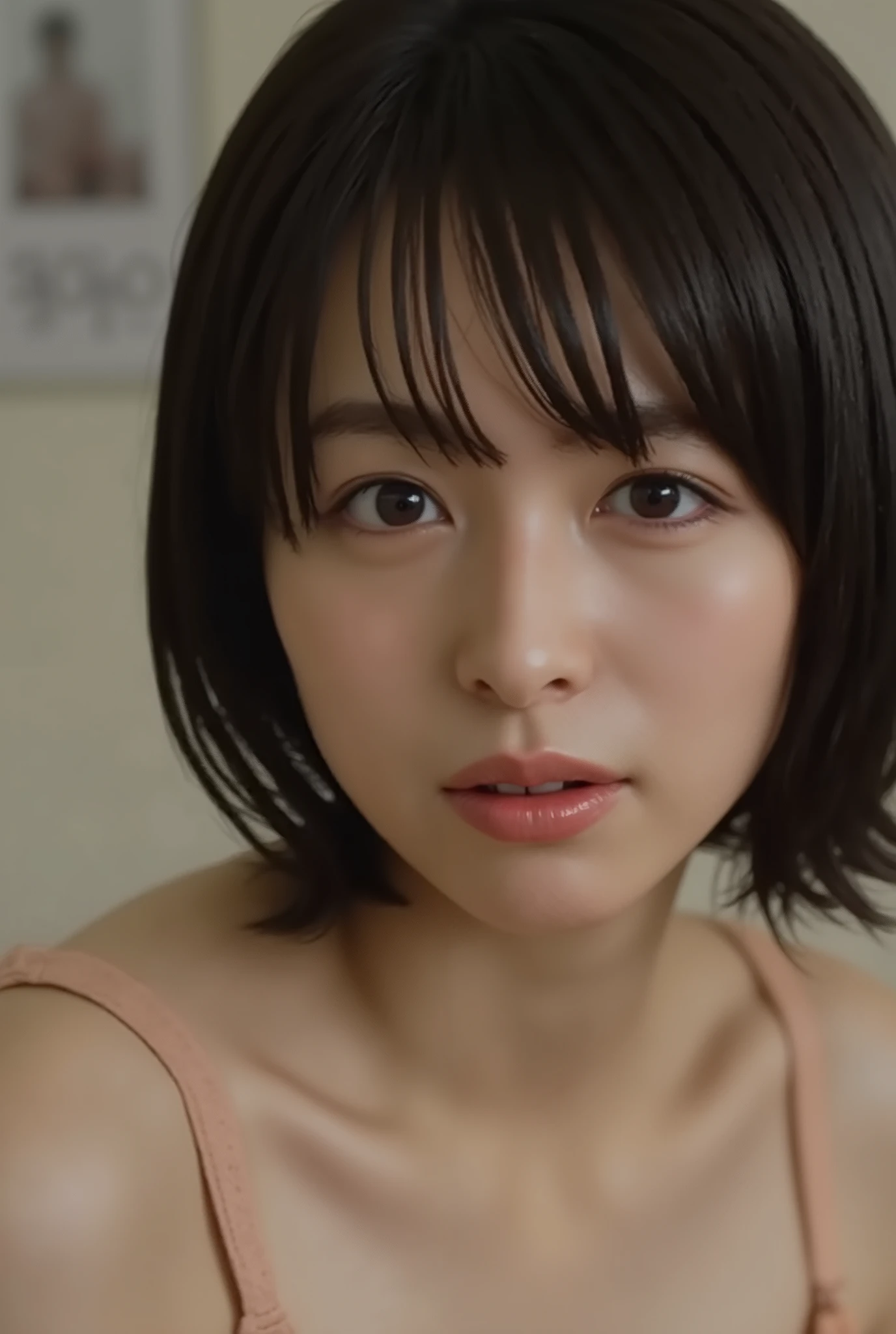 (( top quality )), ((masterpiece)), ( details), Japanese, first-person view ,1 girl, sexy,( in bedroom),((( abnormally large breasts , underwear, short bob hair))), black hair , (( without makeup, small eyes))