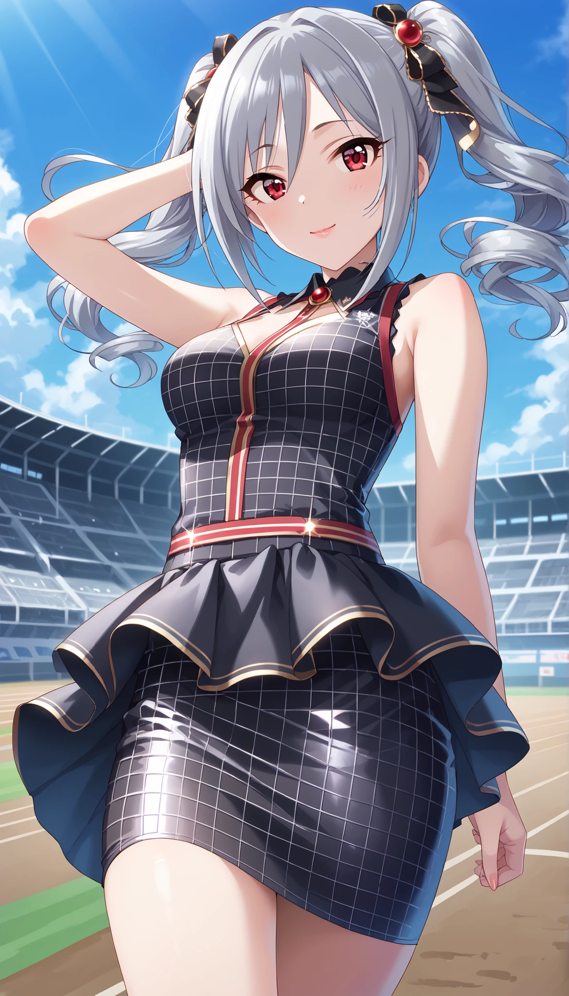 (((Ranko Kanzaki))),(((black grid girl costume))),(((tight skirt))),Bare Chest,thin thighs,medium breasts,(((Outdoors))),Race track,pose to raise both arms, Silver Hair,TWIN TAILS,low angle,Ulchan-6500-v1.1, ( RAW photos :1.2), beautiful detailed, very detailed目 美しい目, beautiful eyes,Red Eyes、 large file size, high resolution, very detailed, Best Quality, [masterpiece:1.6], Awareness-raising, very detailed, CG, finely, Best Quality, 8K wallpaper, perfect body shape、Dynamic、very detailed,Bare legs