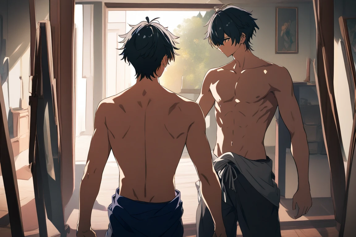 (anime), 2boys, alluring 20yo twunks, hug, (shirtless), black shorts, (bokeh), (locker room background), realistic, dramatic lighting, atmospheric, intricate detail, Homoerotic,