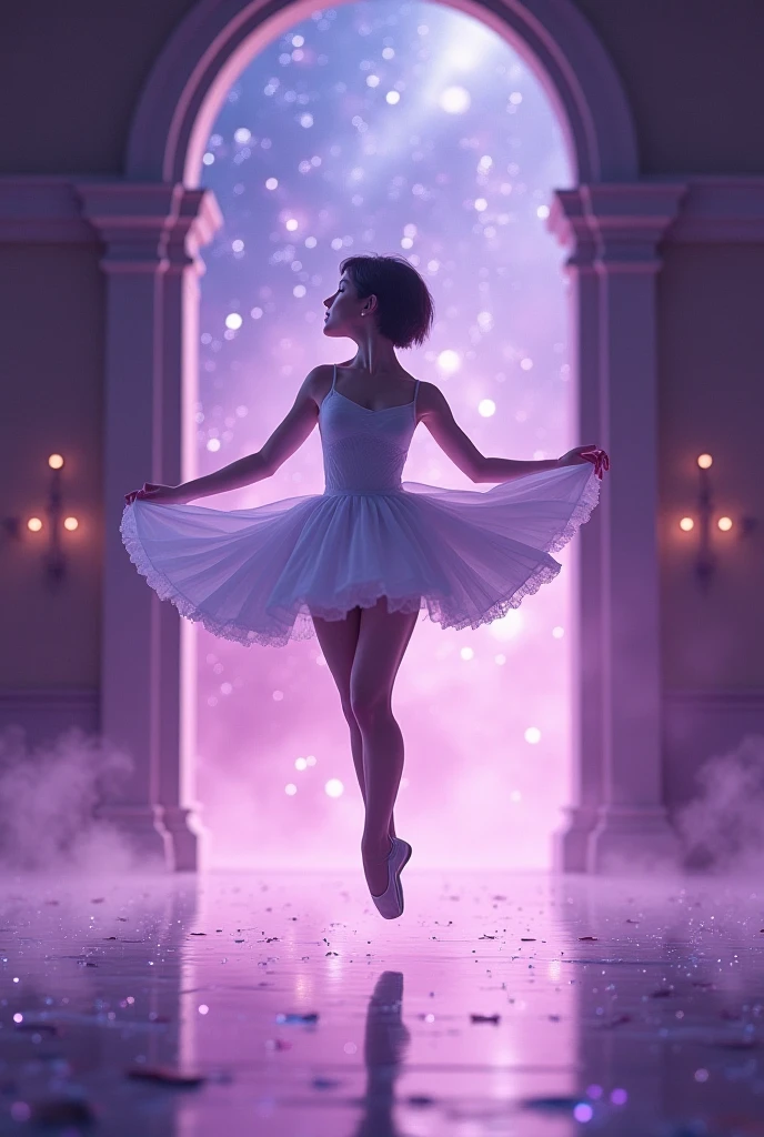 A dancing girl in a bright white dress in a hall of mirrors, her reflections clear across the magnificant hall that tapers towards eternity.