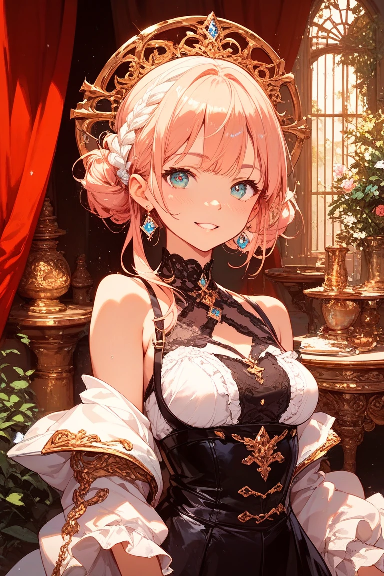 A young princess, beautiful, short pink hair, green eyes, wearing luxurious jewelry on her neck, wearing a low-cut pink dress, has medium tits, her face shows a perverted smile, she is in a luxurious room in a castle