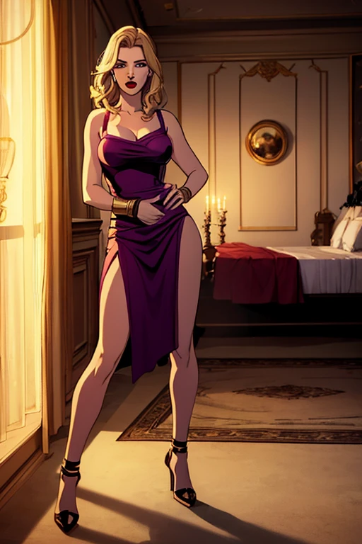 (full body:1.4). Beautiful 25 yo woman of Nordic descent. Natural blonde, blue eyes, sexy fit figure, natural breasts, shapely toned legs, perfect ass,(smile:1.1), Red lipstick, elegant black dress, high heels