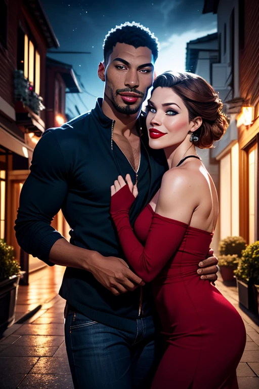 (an Argentine woman), a beautiful and detailed woman, she is with a man, they are looking at the camera, (beautiful and detailed face), she is wearing a red dress, He is wearing elegant black clothes,He is wearing a black suit and black pants.full body, muscular core style; Handsome man, ((he is bald)), pale skin, very tall (6.0 feet) and very muscular, with a sensual appearance, he has casual clothes, ((he is bodybuilding)),gala party theme, looking at camera, smile