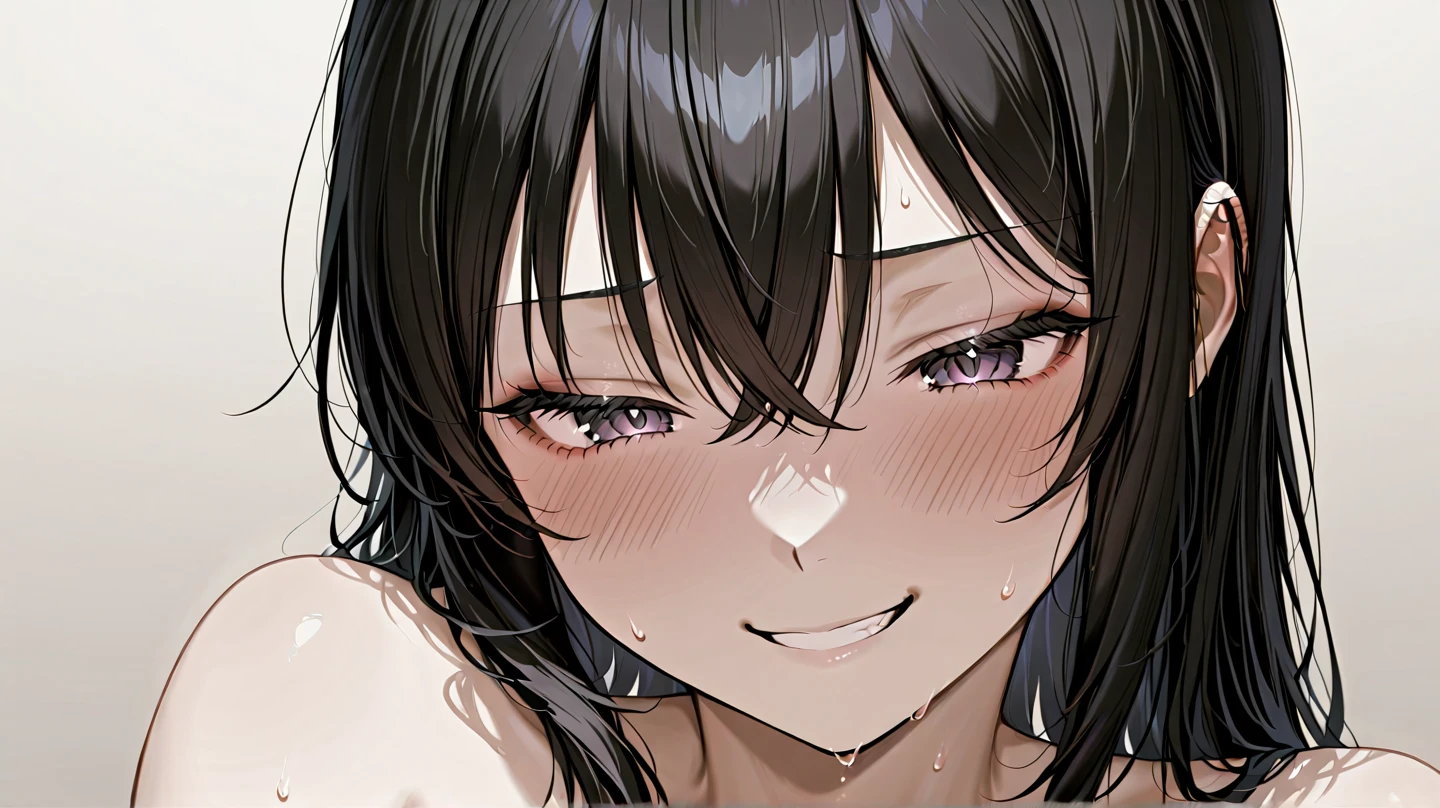 (8K、highest quality、masterpiece:1.2)、Super detailed、super resolution、Realistic、(1girl) 、(purple hair)、short hair。(blunt bangs:1.5),pink eyes、(face focus,upper body),(glowing eyes:1.4),(sundress:1.3)、(grin:1.3),open mouth、cute face,blush、small breasts,hair ribbon,(simple background),downblouse
loose t-shirt
leaning forward