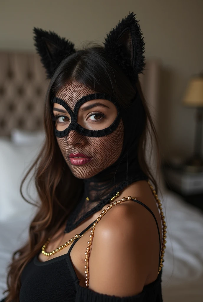 naked girl with an open shaved vagina in a masquerade mask