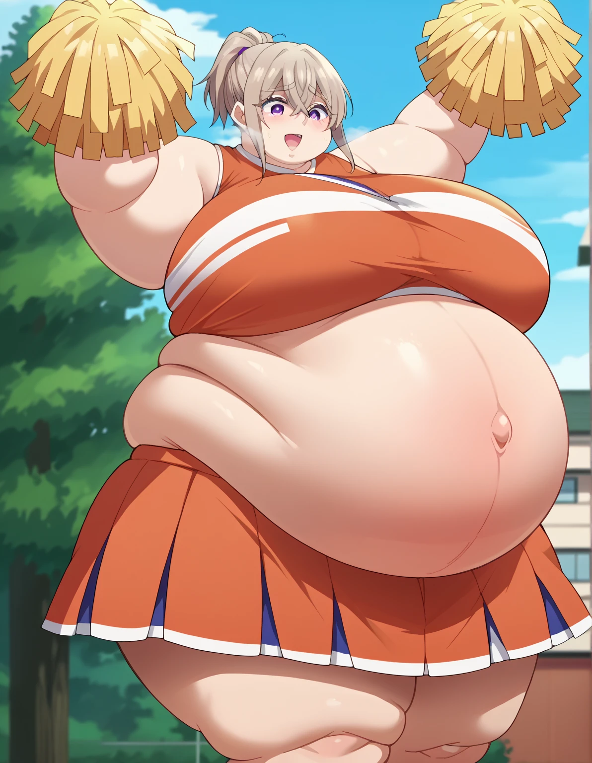 masterpiece, best quality, highly detailed, obese 1girl, obese kotori \(blue archive\), pigtails, cheerleader, outside, grass, sunny, clouds