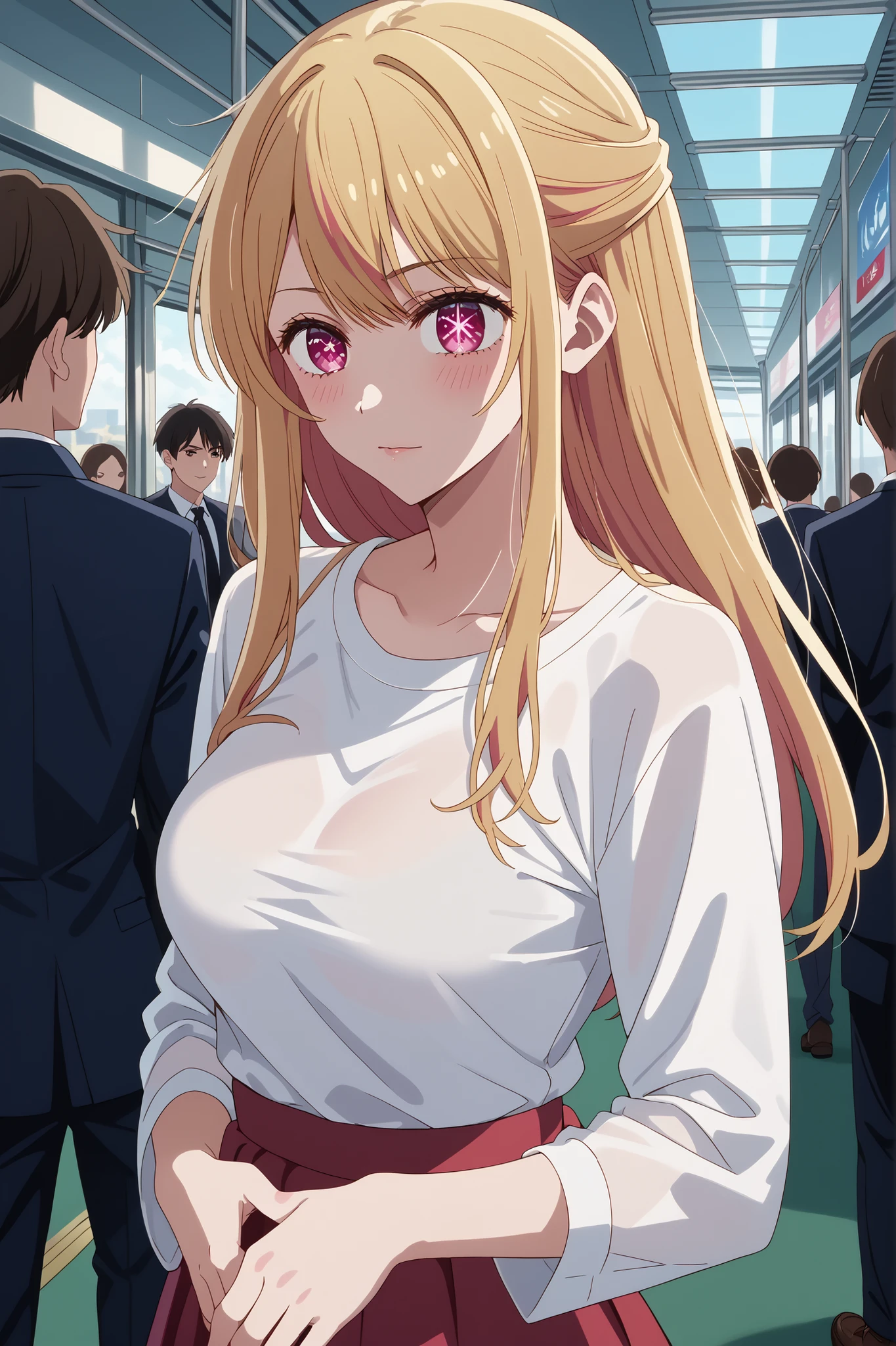 score_9, score_8_up, score_7_up, source_anime, 4K,perfect fingers,(perfect hands, perfect anatomy),prefect lighting, very aesthetic, intricate details,highly detailed background, masterpiece, high quality, best quality,
1girl, rubyhoshino, ruby hoshino, long hair, bangs, blonde hair, pink eyes, sidelocks, symbol-shaped pupils, multicolored hair, two-tone hair, Large breast,dense chest,
Crowded train,