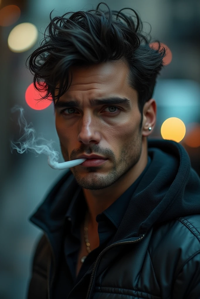 A young man with a fierce face, wearing a brown colored coat. Standing smoking a cigarette, pale skin