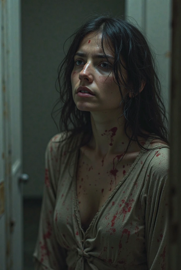 (dutch angle:1.6), (cowboy shot:1.4), (Short brunette hair), (beautiful female), ((Jennifer Garner:1.2),(Emma Stone:1), (blood on face from head wound:1.4),  ((Dynamic pose, leaning on wall for support)), trying desperately to  escape,  in a chilling scene from a reimagined "Hostel" film, (intense eroticism:1.7) intertwined with horror, smeared with dirt and (blood), (tattered tank top:1.8), (black panties), trapped in a dark, menacing basement, chiaroscuro lighting illuminating her fear-stricken face, a ([macabre] yet seductive:1.4) atmosphere, echoes of Caravaggio's dramatic intensity, raw, sadistic peril around every corner.