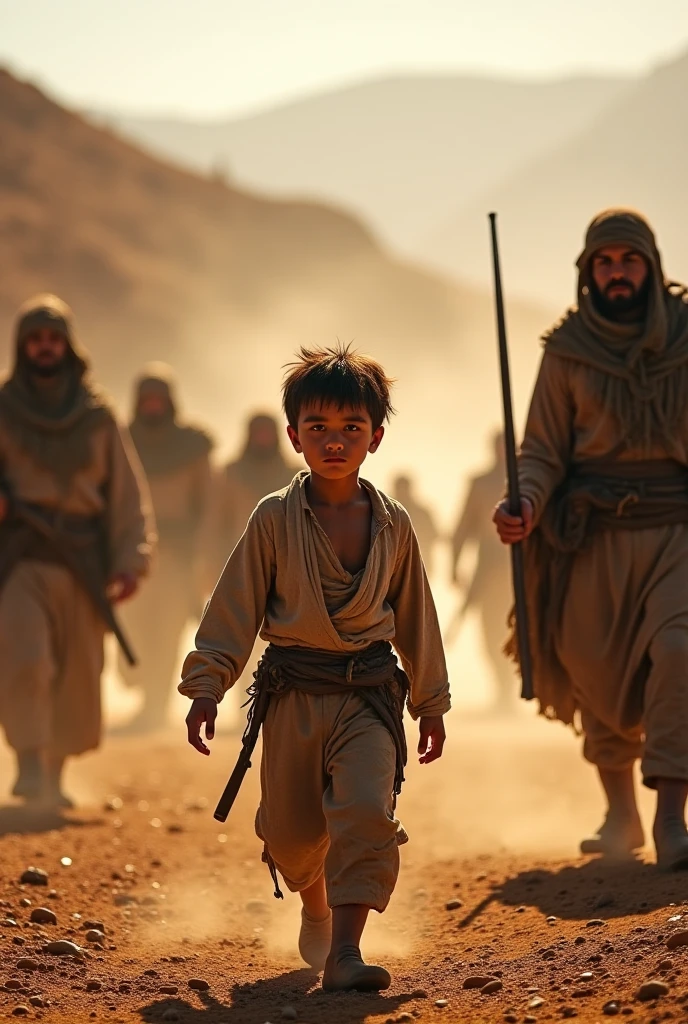 All the men are dragging a boy men drag on the ground, the boy is very upset, drag the boy to the desert towards