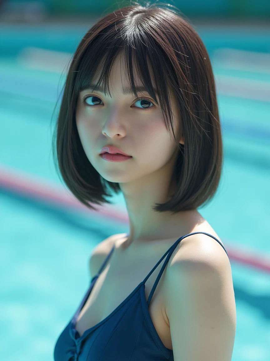 (ultra-realistic), (figure), (High resolution), (8k), (Very detailed), (Best figure), (Beautiful and detailed), (Highest quality), (Super detailed), (masterpiece), (wallpaper), (Detailed face), alone, One Girl, watching viewer, Swimsuit,Less exposure、Fine details, Detailed face, In the Dark, Deep Shadow, modest, Pure Erotic Face Ace_v1, cool, short hair, Pointed diagonal bangs,Swimming pool、Pensive、Swimming、One piece swimsuit、Soaking wet、Wet Hair、Sweating