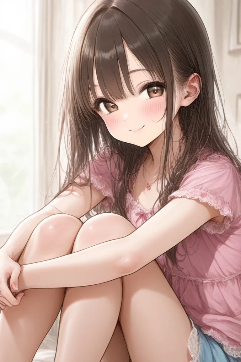 Super detailed,masterpiece,best quality,harf,View,blush blush,Yazawa Nico,red eyes, Blunt hair, 1 female、White clothes、The belly is visible,White bun hairstyle, black hair color hair、chubby、Smile、pale pink lips、Soaked all over,oestrus,Blushed,visible、Red yoga pants,Sit with your knees folded,wet hair,messy hair,on the ground,Squat on your knees,sit down with your knees bent,front view,Place your fingers on your lips