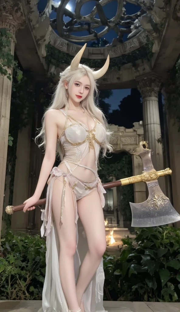 Professional , masterpiece、top-quality、photos realistic , depth of fields 、(White bikini armor)、()、Jewel Gold Weapon、Particles of light),Gorgeous gold weapons ,(( Gorgeous Dragon Sword)) , (Hold the Devil's Hand),,(maikurobikini) 、((White hair))、(Castle background)、(demonic wings)、((Gangle's forest background))、Beautiful Caucasian beauty、1a person、dynamic ungle,(((Two devil's horns on the head)))、Smaller head、Idle Smile、Thin and beautiful female hands、Mystical expression、Light Effects、intense fighting、Wind-effect、magic circles、With the legendary magic wand、Dragon's tail、