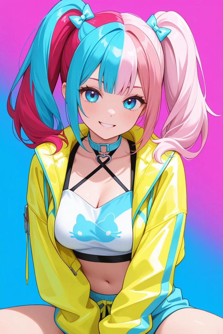 (anime artwork, anime style, studio anime, very detailed, up to date, vibrant, Anime Coloring, high contrast, masterpiece:1.2, best quality, best aesthetics),1 girl,cyber punk clothes, Medium chest, A glimpse of thighs,cyber punk hair, One eye is hidden by the bangs, perfect proportions, high detail skin, Cute, detailed faces,cyber punk cafe,sit, applying makeup, large breasts, cutout between underboob and shirt,very short pleated miniskirt,makeup, smart phone, 