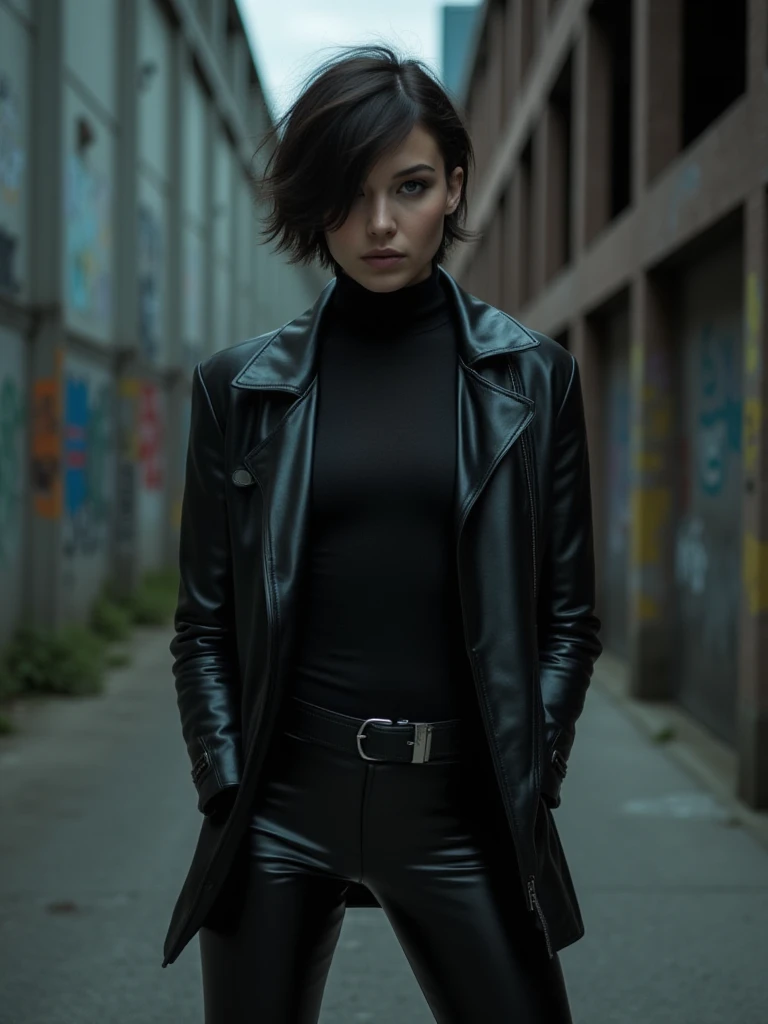 A photo of a woman in a public bathroom captures the allure of a tall, skinny figure with short hair, wearing a sexy black dress and a black puffer jacket, standing in front of graffiti-covered walls; the dimly lit space accentuates the wet hair glistening under a neon sign, while her red lips add a touch of intrigue, dark atmosphere, intricate, sexy, High quality, 8k masterpiece,