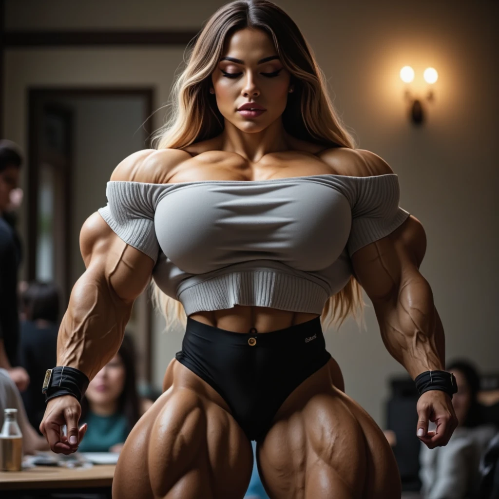 Best quality, high resolution, ,masterpiece: 1.3), light smile,( full body picture), ((bodybuilder girl, muscle girl)), black top and black pants standing in front of an orange tree, thick thigs, thicc, tight outfit, tight attire, wearing black tight clothing, skinny waist and thick hips, curvy accentuated booty, cute girl wearing tank suit, 🐎🍑, big booty, toned derriere, jaw dropping beauty, black bodysuit