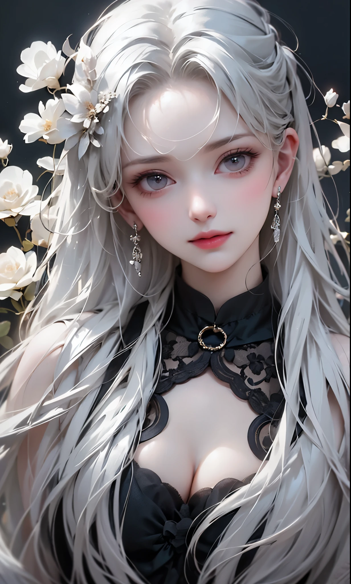 super high quality, masterpiece, Perfect illustration, Very detailed (Exquisite light and shadow, Very dramatic photo,Backlight) , ((Gray Hair:1.5))1 Girl,(( alone:1.6)), (Wearing Japanese clothes, Black and white kimono,Monotony,Long sleeve) Flower Field, Flowers, (White smoke:1.3) (Realistic:1.4), Zen Intertwining, Tangled, Official Art, unity 8k wallpaper, Very detailed, Beautiful and beautiful, masterpiece, Highest quality, (Dynamic Angle: 1.4), Glowing Skin, (Floating colorful flashes: 1) The most beautiful chaotic shapes, elegant, Brutalist Design, Bright colors, Romantic Depth of Field Exotic_dance, half_naked、Expose your shoulders、Ample breasts、Great cleavage、(from forward)