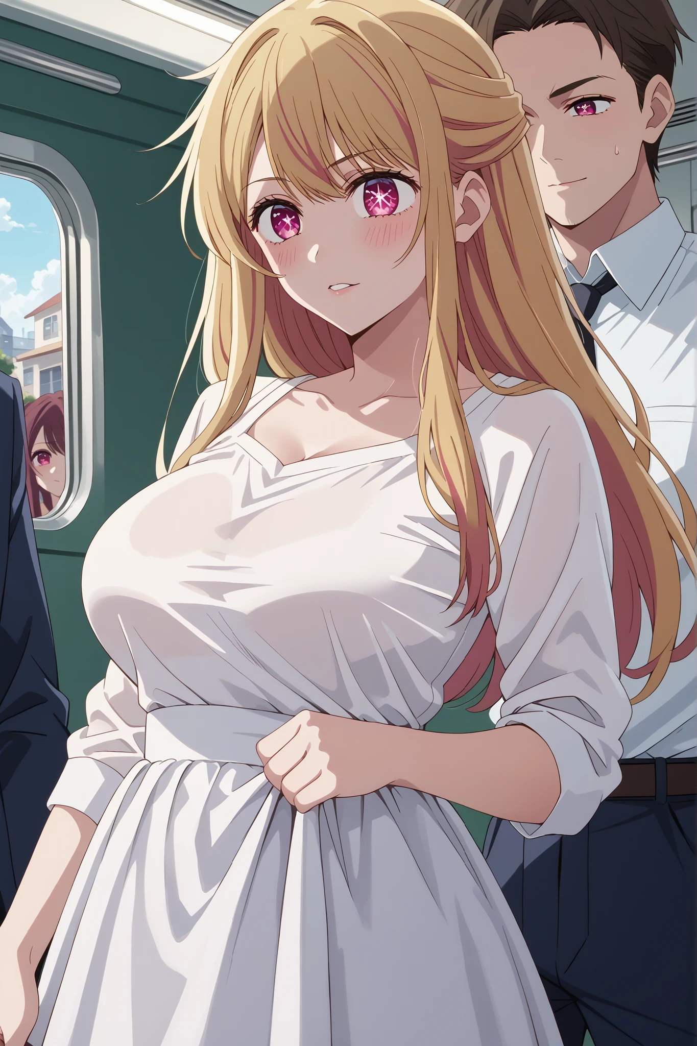 score_9, score_8_up, score_7_up, source_anime, 4K,perfect fingers,(perfect hands, perfect anatomy),prefect lighting, very aesthetic, intricate details,highly detailed background, masterpiece, high quality, best quality,
1girl, rubyhoshino, ruby hoshino, long hair, bangs, blonde hair, pink eyes, sidelocks, symbol-shaped pupils, multicolored hair, two-tone hair, Large breast,dense chest,
Crowded train, girl, Fat clumsy man hugs her from behind, Speak in your ear、lifting her,