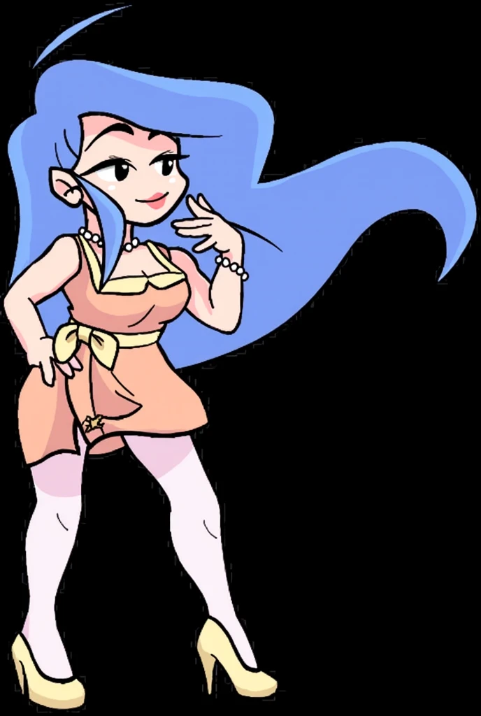 Ralph Bakshi Style, Curvy blue eyed girl with long wavy black hair and small breasts, elegant dress, transparent breast curtains, sneering