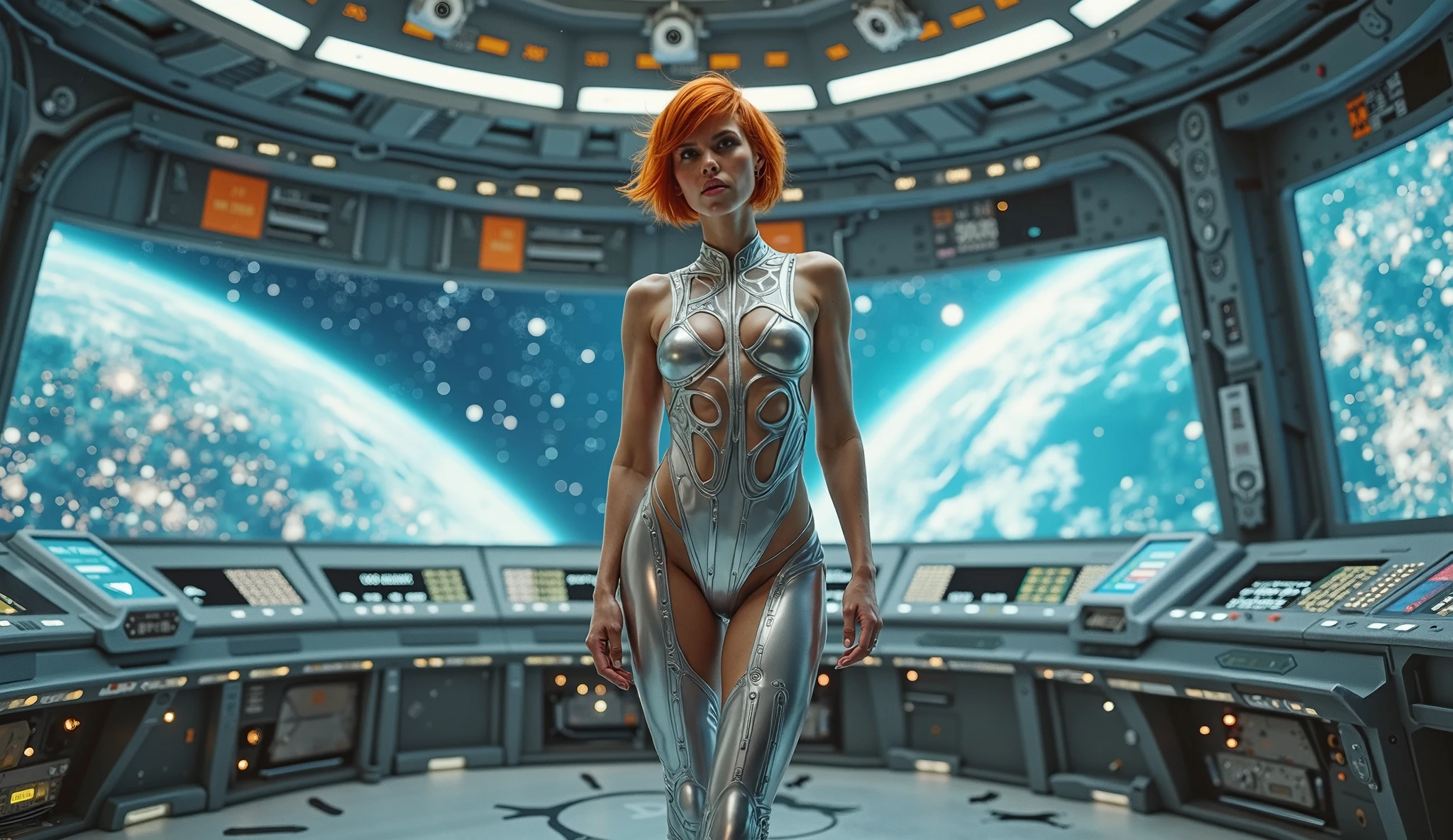((Best Quality)), ((Masterpiece)), (detailed) Scarlett Johansson, Red hair, cuerpo de 20 años detailed buena figura, big thighs, on a spaceship, pose sexy, naked, back view