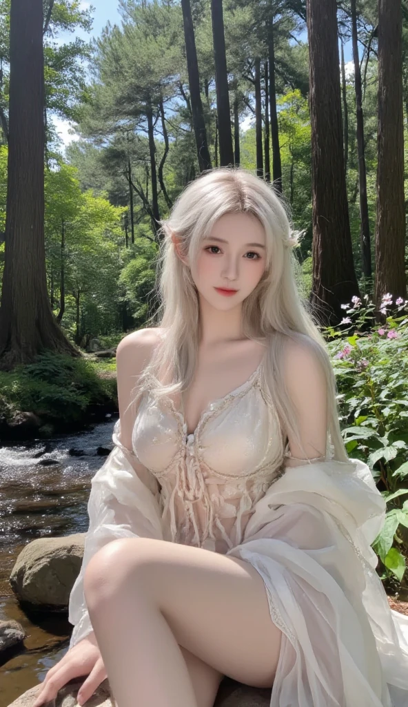 1 Girl, Beautiful, Baby Face, 20 Years Old, White Skin, Colossal Chest, Sleeveless, Cleavage, She is Princess of Asgard Cosplay Costumes, Primcess Cloak, Home Outdoor Background, Silver Straight Hair, ((adorable:1.3)), ((masterpiece:1.1))