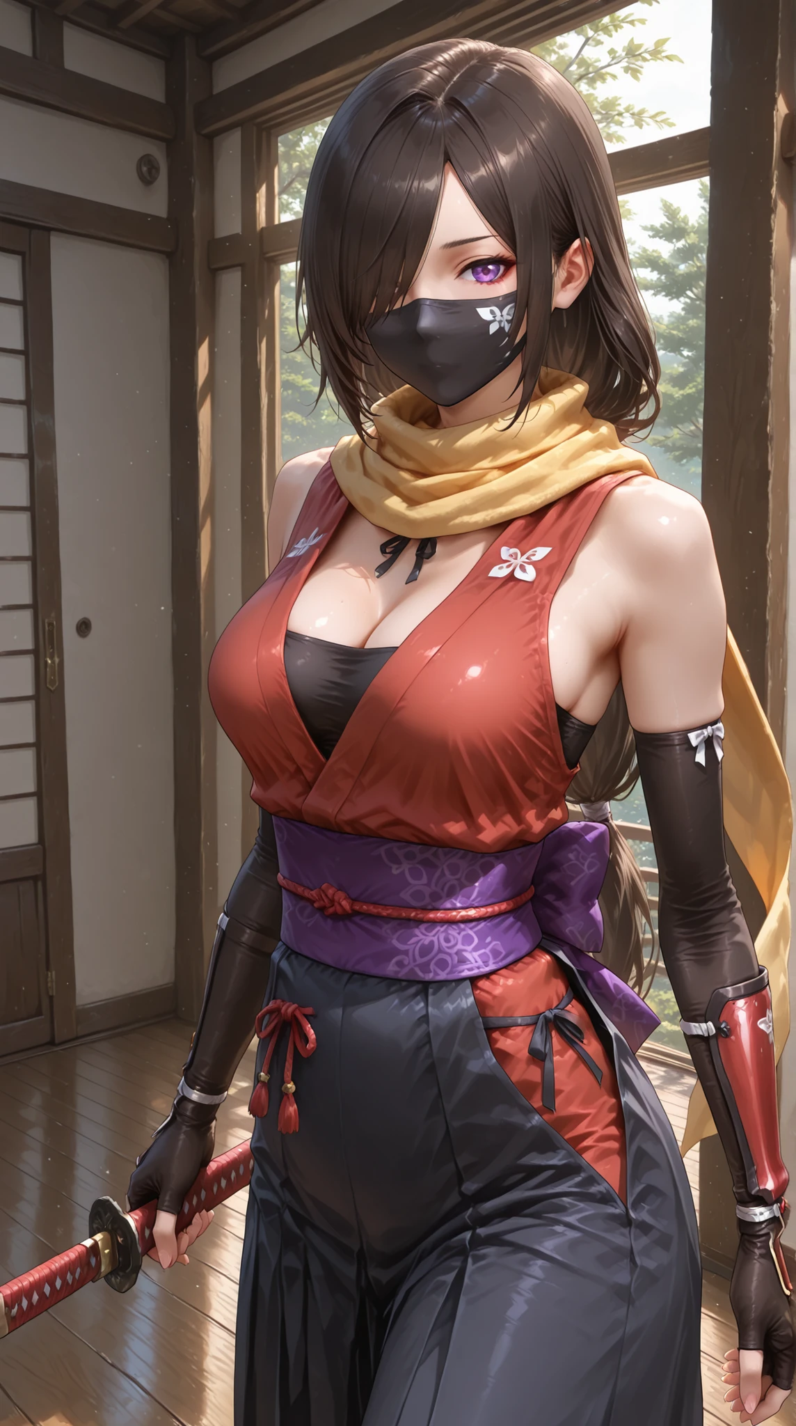 ((Best Quality)),( super high definition),(Super detailed),( detailed description ),((The best CG)),(masterpiece),( 1girl,long hair, black hair, hair over one eye, purple clear eyes, iris,medium breasts ,shinobi-costume, style, ninja mask ), kuji-in realistic,( red_tube_top, black underwear, Shinobi Hakama ,black_elbow_gloves, red_fore_arm_guard, fingerless_gloves, yellow scarf around her neck, 草履),