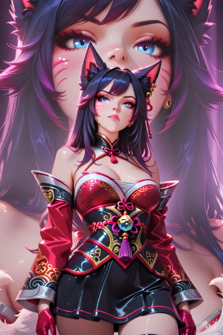 1 person, Blunt bangs, Braiding, Wide sleeves, hair ornaments,Obi says, (Purple Hair:1.2), Very long hair, Straight hair, Looking at the audience, Highly detailed background, (Realistic:1.2), Beautiful Eyes, Red eyeshadow, thigh, (Urzan-6500:0.7), Upper Body, (alone:1.2), (Cyberpunk City:1.1), Cleavage,,Glowing Skin、(Navel exposed).((Face close-up))、((smile))、(Red lace costume).