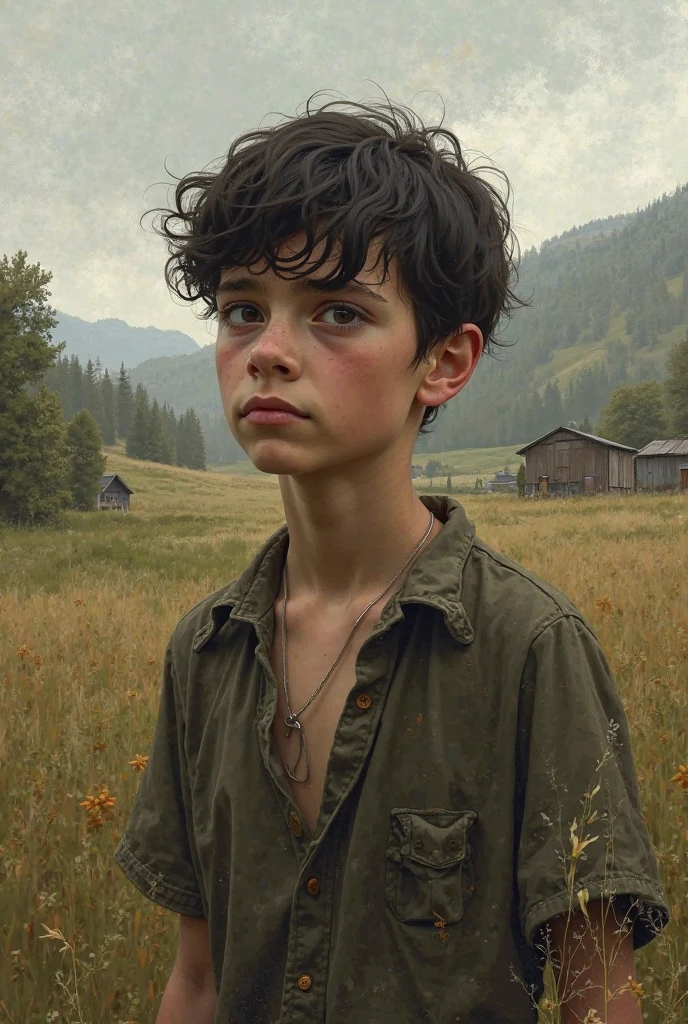 image of a boy, 15 old, , on a riverside, with cool clothes, smiling, looking at each other realistic, cinematic