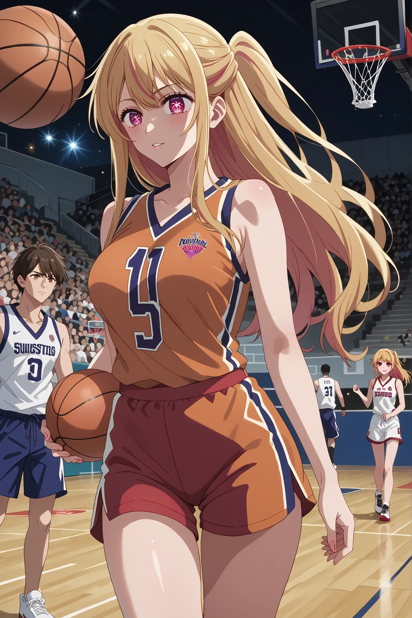 score_9, score_8_up, score_7_up, source_anime, 4K,perfect fingers,(perfect hands, perfect anatomy),prefect lighting, very aesthetic, intricate details,highly detailed background, masterpiece, high quality, best quality,
1girl, rubyhoshino, ruby hoshino, long hair, bangs, blonde hair, pink eyes, sidelocks, symbol-shaped pupils, multicolored hair, two-tone hair, Large breast,dense chest,
wearing ((basketball uniform, basketball jersery, sportswear, jersey, shorts, sleeveless, )) ,,
Crowded train, girl, Fat clumsy man hugs her from behind, Speak in your ear、lifting her,