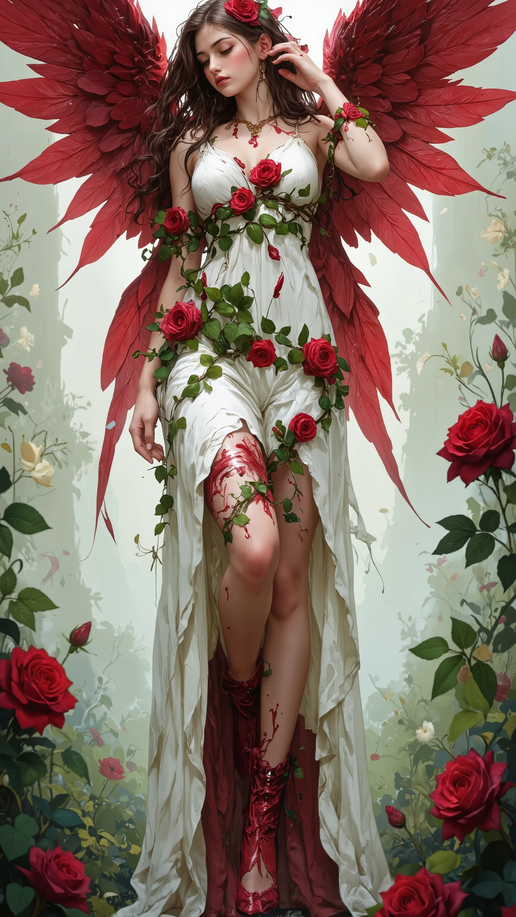 Rose flower angel、
((NSFW)),
soft focus、
High Key、
1girl,
An angel with big crimson wings descended to earth wrapped in white light、
rose ivy wrapped around an angel's leg、
ivy spines damage the angel's skin and crimson blood flows down all over、
what angels wear is a deep slit drape dress、