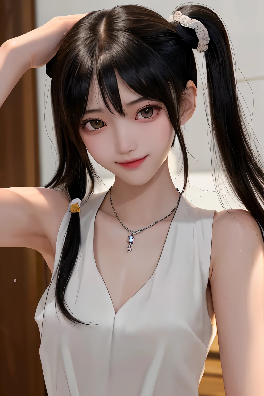 masterpiece, 8k、human anatomically accurate, Best Quality、High detail、professional lighting、Precisely expressed eyes、double eyelids、brown eyes、sagitales、smile、Face Up、textured skin, 1 girl , Age 15 、cute、pretty girl 、 pure white skin、very thin 、thin腕、raise my arms to show my armpits、Wear Ao Dai 、sleeveless、 necklace、thin、 slim、 black hair、wet straight hair、TWIN TAILS、Gross,is sweating 、 bangs,