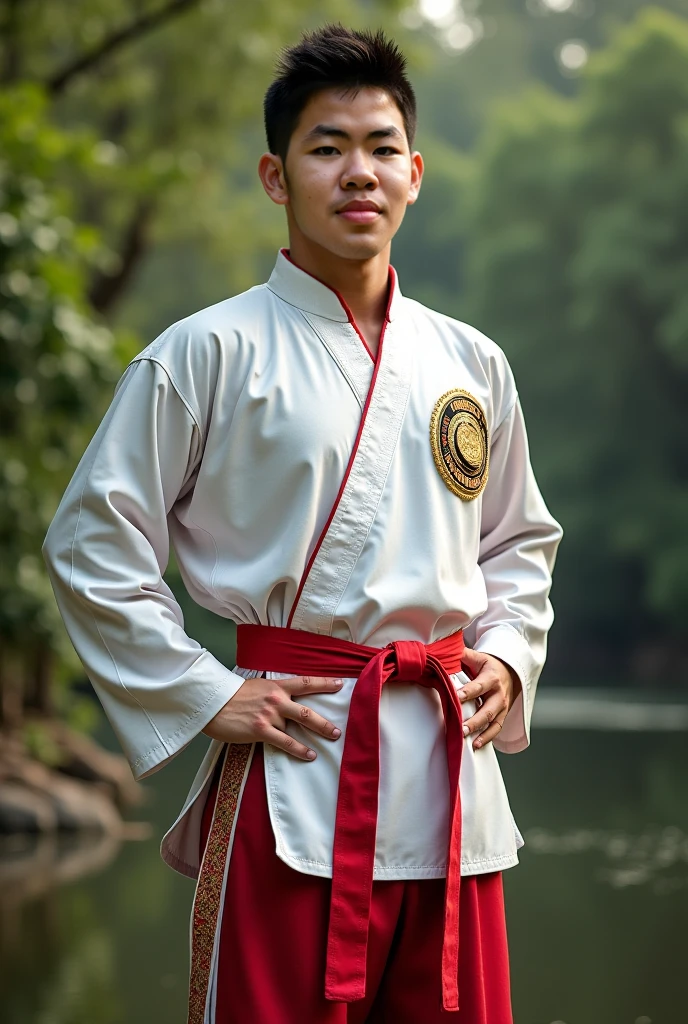 an Indonesian TAPAK SUCI pencak silat man, long-sleeved red uniform with yellow stripes on the sleeves and chest,
