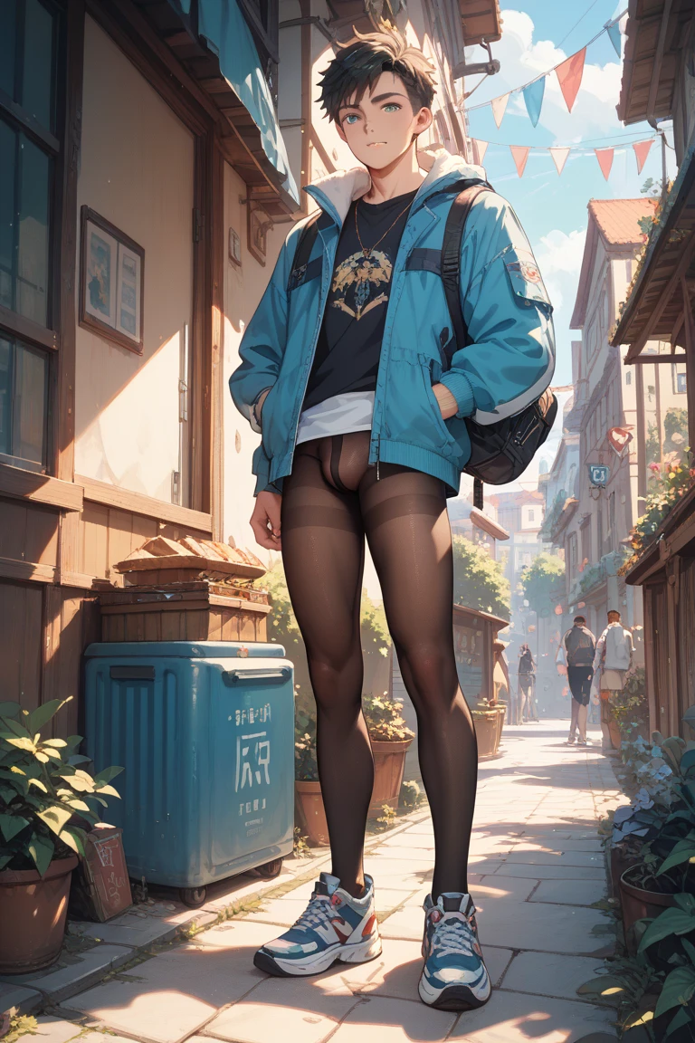 (best quality, masterpiece:1.1), (realistic:1.4), 1girl, cowboy shot, sweater, full body, feet in view, sitting, pantyhose, skirt, t-shirt, outdoors, sunny day