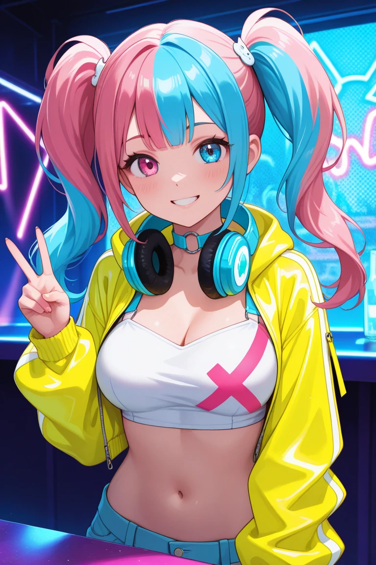 A world where neon lights shine with cyber techno,fluffy hair,light brown and iridescent hair,reddish,light blu,an orange,yellow,Light orange,white,Wearing headphones,Navel style long sleeve tops,hoods,asymmetric skirt,garterbelts,Slight red tide,Lean forward and bring your face closer,Kamimei,plump and glossy skin,i'i'i'i'i'i'I'm holding my chest with my hand,bold ballet,Smile on his face,AHE Face,ecstacy,A face full of pleasure,