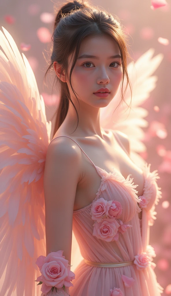 1 Girl,solo, Teenage, pinkdress, pairs of pink bird wings on head, Gold necklace, Cloudy background, Colorful clouds, Full body, Floating in the sky, looking looking at viewer,
((巨作)), ((Best quality)), ((highly-detailing)), (Detailed face), (offcial art),