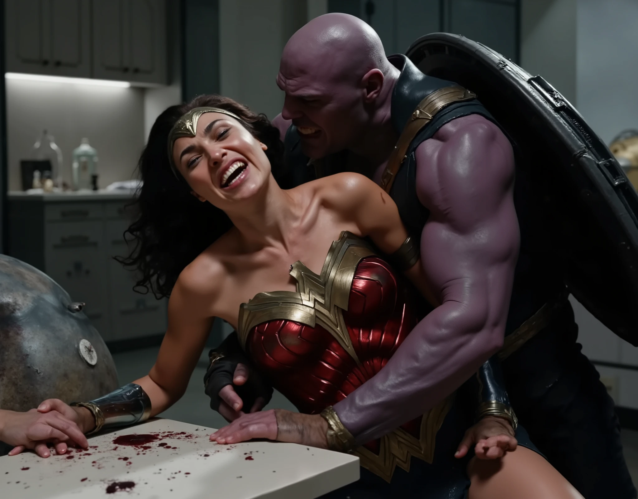 Gal Gadot as Wonder woman, both hands on table, she is bend over ,Thanos is doing sexual intercourse from behind, she's crying, she's in pain shouting, fierce Thanos fucking harder and harder
