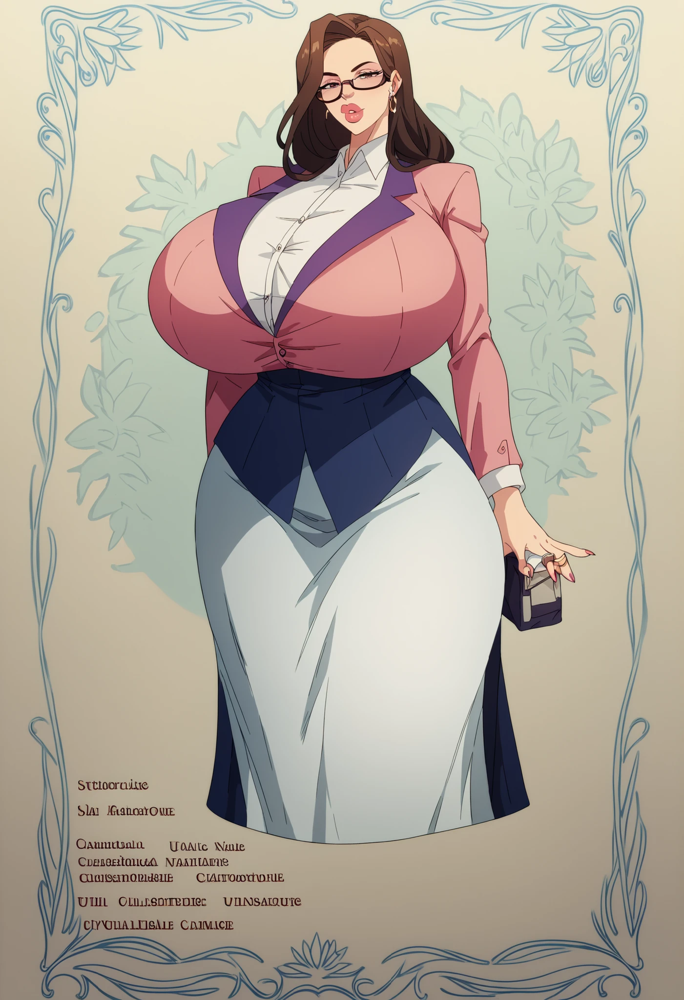 Character sheet, seductive face, Big fake lips, score_9, score_8_up, score_7_up, score_6_up,(masterpiece, best quality, high detailed, 8k, 32k, uhd:1.2),Cowboy shot,fine features,(materpiece), highres, realistic,scenery, full body, Anatomically correct Milf, full body, Anatomically correct, Kylie Jenner, high cheekbones, up turned nose, slim thick, big plump lips, glossy lips, tall, curvaceous, wide hips, massive breasts, huge ass, milf,business suit, brunette, porcelain skin, fully clothed, HyperSag, huge breasts, gigantic breasts, modeling, lips bimbo,score_9, score_8_up, score_7_up, score_6_up, score_5_up, score_4_up, 1 woman, (huge breasts: 1.4), {{{Masterpiece}}, {{{Hyper Detailed}}}, {{{best quality}}},score_9, score_8_up, score_7_up, score_6_up, score_5_up, score_4_up, 1 woman, (huge breasts: 1.4), {{{Masterpiece}}, {{{Hyper Detailed}}}, {{{best quality}}}, office background, #Anime #Style, facing forward towards viewer, nagatiti
